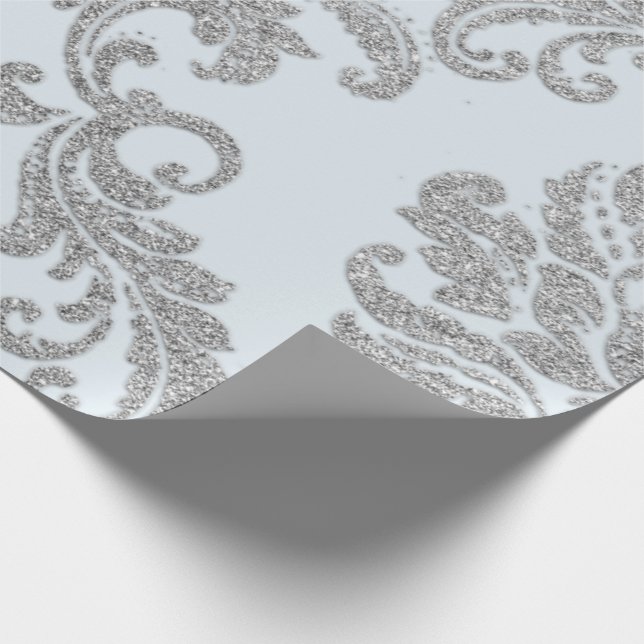 Papel De Presente Cinza de prata Damask Lux Azul Metálico Real (Ponta)