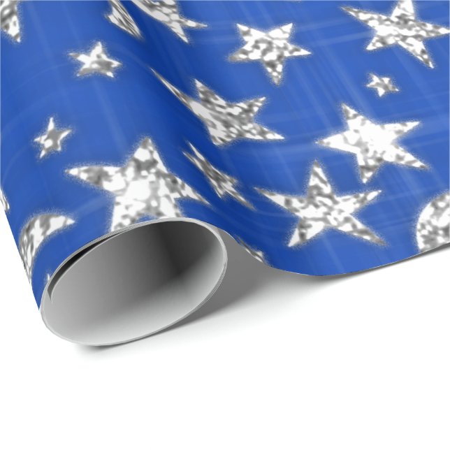 Papel De Presente Cinza de prata faísca estrelas Lua Azul Indigo (Ponta do rolo)
