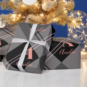 Papel De Presente Cinza de Xadrez personalizada de Natal, rosa preto