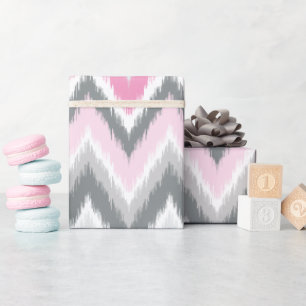 Papel De Presente Cinza e Ikat Chevron Tribal Rosa