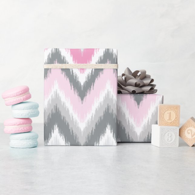 Papel De Presente Cinza e Ikat Chevron Tribal Rosa (Chá de bebê)