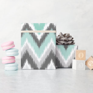 Papel De Presente Cinza e Mint Ikat Chevron