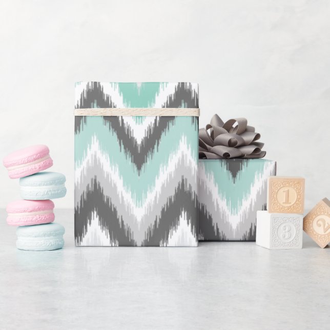 Papel De Presente Cinza e Mint Ikat Chevron (Chá de bebê)