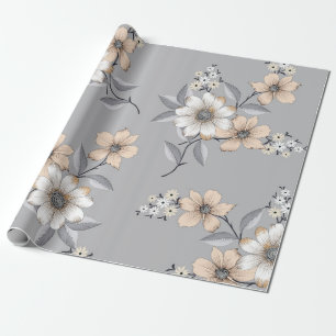 Papel De Presente cinza e padrão de flor branca no fundo da cinza