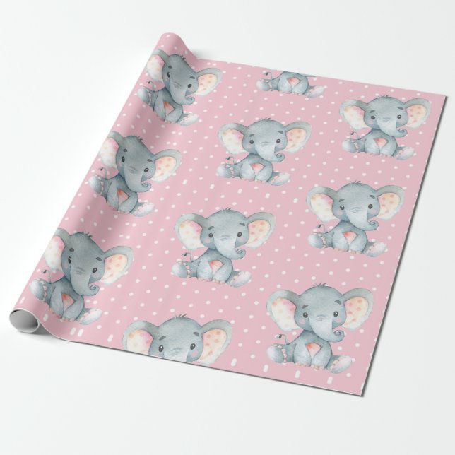 Papel De Presente Cinza e rosa, bebê elefante (Desenrolado)