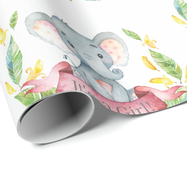 Papel De Presente Cinza e rosa, bebê elefante (Ponta do rolo)