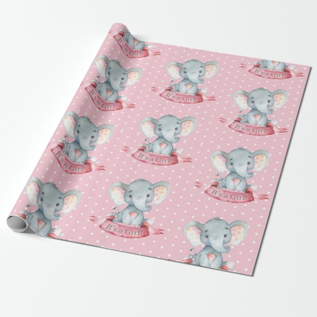 Papel De Presente Cinza e rosa, bebê elefante (Desenrolado)