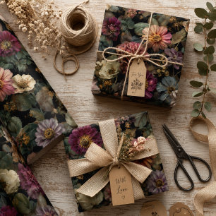 Papel De Presente Cinza Escuro Brilhante, Rosa Floral e Verde