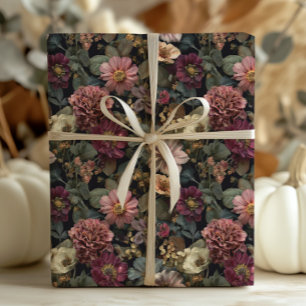 Papel De Presente Cinza Escuro Brilhante, Rosa Floral e Verde