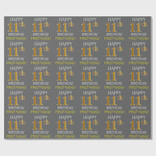 Papel De Presente Cinza, Falso Ouro "FELIZ ANIVERSÁRIO DE 11 ANOS"