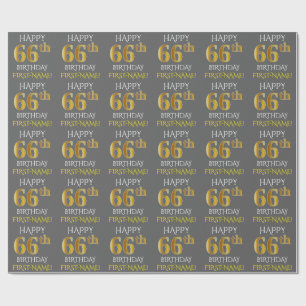 Papel De Presente Cinza, Falso Ouro "FELIZ ANIVERSÁRIO DE 66 ANOS"