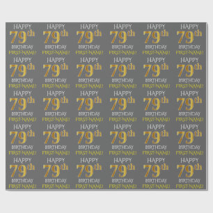 Papel De Presente Cinza, Falso Ouro "FELIZ ANIVERSÁRIO DE 79 ANOS"