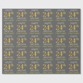 Papel De Presente Cinza, Faux Dourado "FELIZ 24º ANIVERSÁRIO"