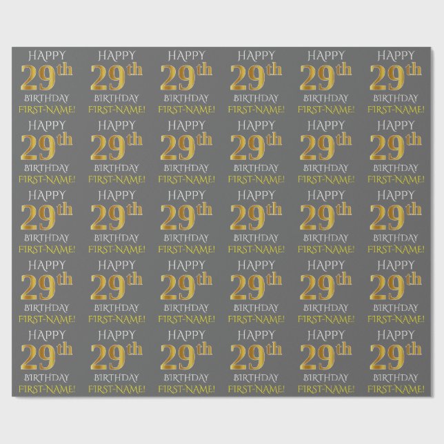 Papel De Presente Cinza, Faux Dourado "FELIZ 29º ANIVERSÁRIO" (Aberto)