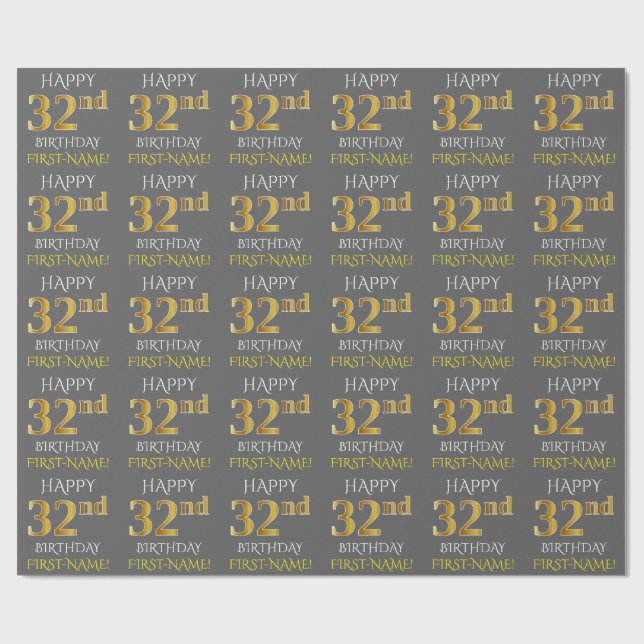Papel De Presente Cinza, Faux Dourado "FELIZ 32º ANIVERSÁRIO" (Aberto)