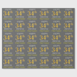 Papel De Presente Cinza, Faux Dourado "FELIZ 34 ANOS"