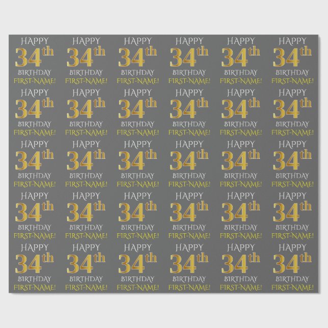 Papel De Presente Cinza, Faux Dourado "FELIZ 34 ANOS" (Aberto)