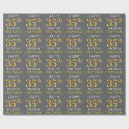 Papel De Presente Cinza, Faux Dourado "FELIZ 35 ANOS"