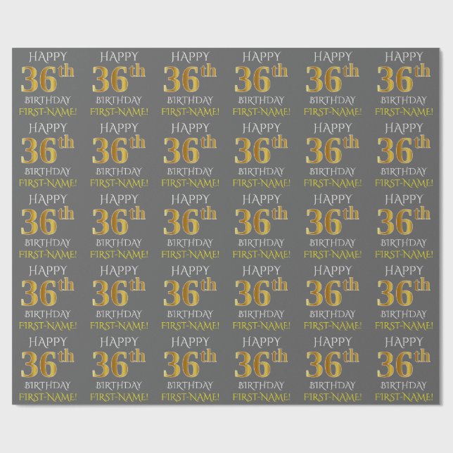 Papel De Presente Cinza, Faux Dourado "FELIZ 36 ANOS" (Aberto)