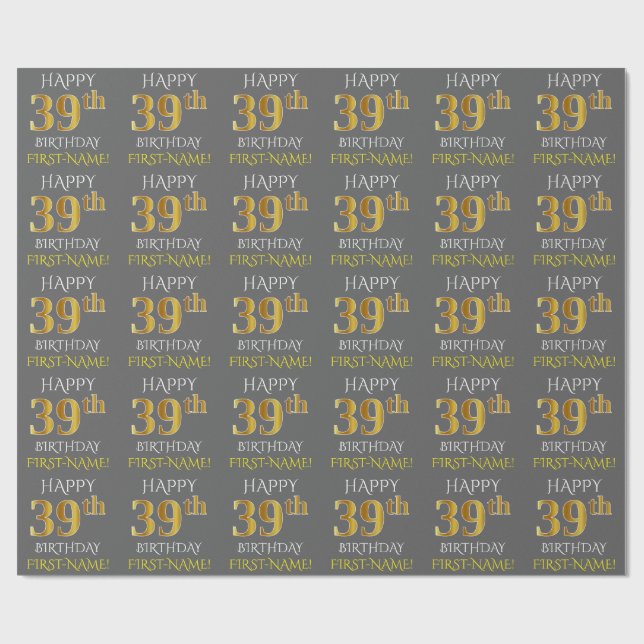Papel De Presente Cinza, Faux Dourado "FELIZ 39 ANOS" (Aberto)