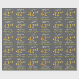Papel De Presente Cinza, Faux Dourado "FELIZ 42º ANIVERSÁRIO"