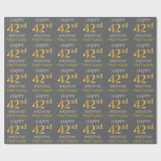Papel De Presente Cinza, Faux Dourado "FELIZ 42º ANIVERSÁRIO" (Aberto)