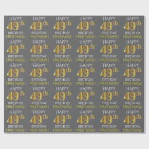 Papel De Presente Cinza, Faux Dourado "FELIZ 49º ANIVERSÁRIO"
