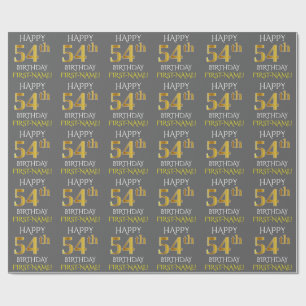 Papel De Presente Cinza, Faux Dourado "FELIZ 54º ANIVERSÁRIO"