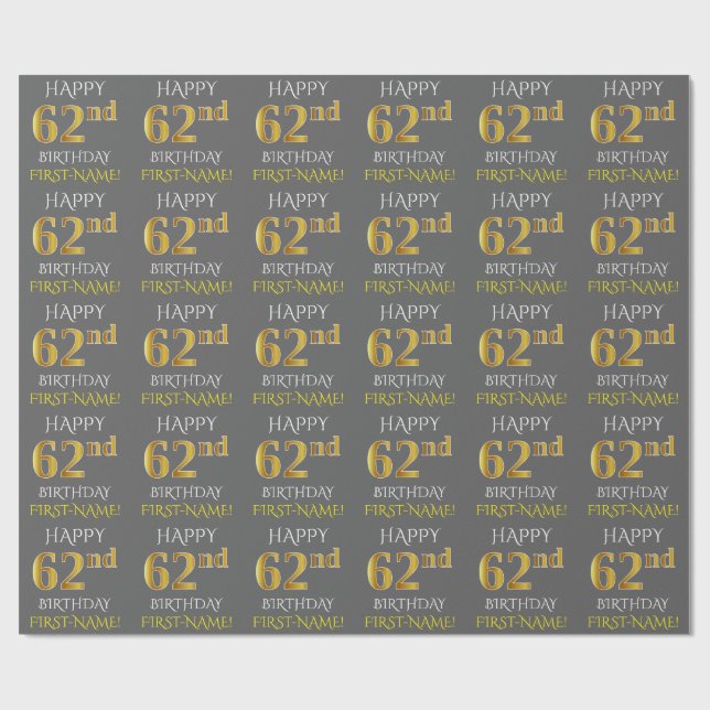 Papel De Presente Cinza, Faux Dourado "FELIZ 62º ANIVERSÁRIO" (Aberto)