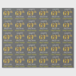 Papel De Presente Cinza, Faux Dourado "FELIZ 69 ANOS"