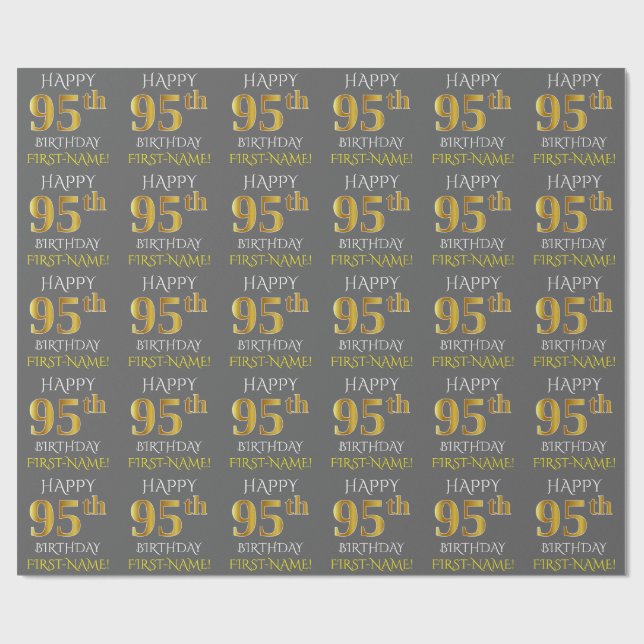 Papel De Presente Cinza, Faux Dourado "FELIZ 95º ANIVERSÁRIO" (Aberto)