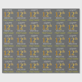 Papel De Presente Cinza, Faux Dourado "FELIZ ANIVERSÁRIO 12"