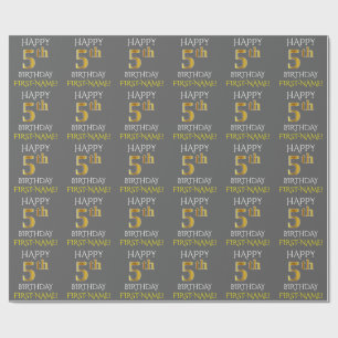 Papel De Presente Cinza, Faux Dourado "FELIZ ANIVERSÁRIO 5"