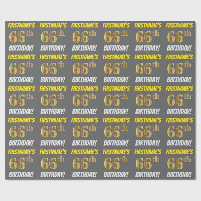 Papel De Presente Cinza, Faux/Imitação Dourada, "66 ANIVERSÁRIO" (Aberto)