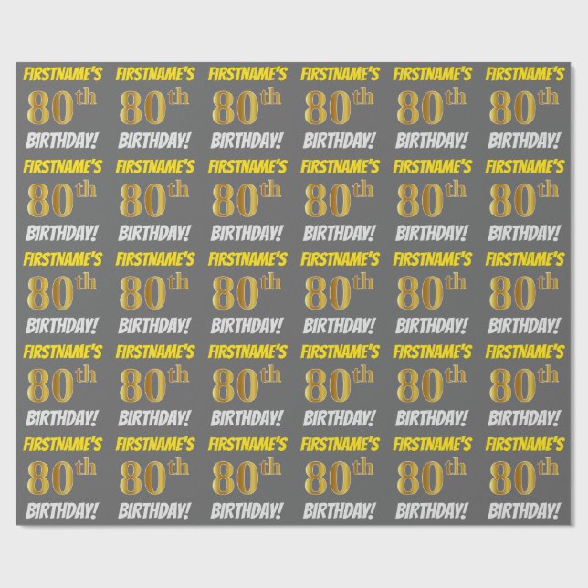 Papel De Presente Cinza, Faux/Imitação Dourada, "ANIVERSÁRIO 80" (Aberto)
