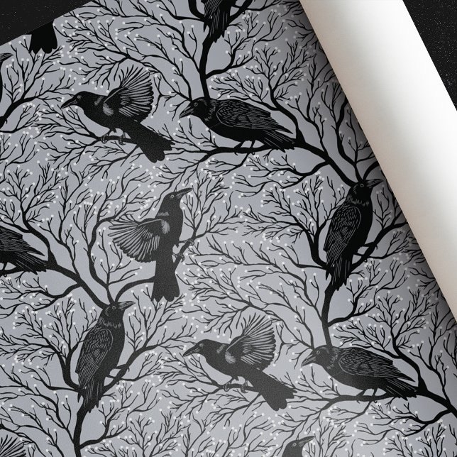 Papel De Presente Cinza Gótica Winter Berry Ravens Natal (Criador carregado)