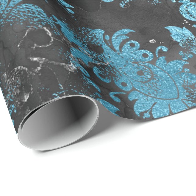 Papel De Presente Cinza Grafita Azul Floral Preto Shabby (Ponta do rolo)
