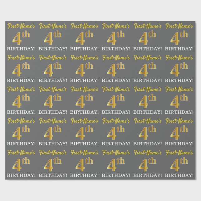 Papel De Presente Cinza, Imitação Dourada, "4º ANIVERSÁRIO" (Aberto)