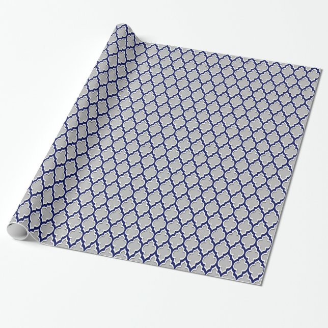 Papel De Presente Cinza, Marinho Azul Quatrefoil Marroquino Branco # (Desenrolado)