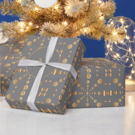 Papel De Presente Cinza Monograma com Padrão Bolinhas Dourado Natal