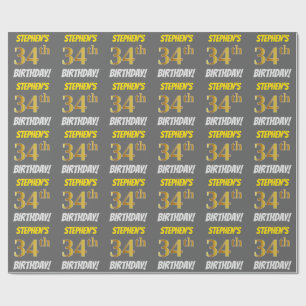 Papel De Presente Cinza, Ouro Falso/Imitação, "ANIVERSÁRIO DE 34 ANO