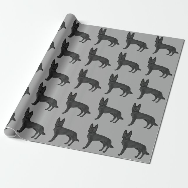Papel De Presente Cinza-padrão de desenho de German shepherd preto (Desenrolado)