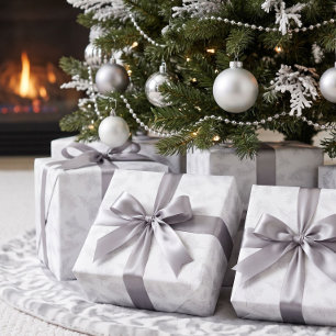 Papel De Presente Cinza Prateado Botânico Chic Branco Natal
