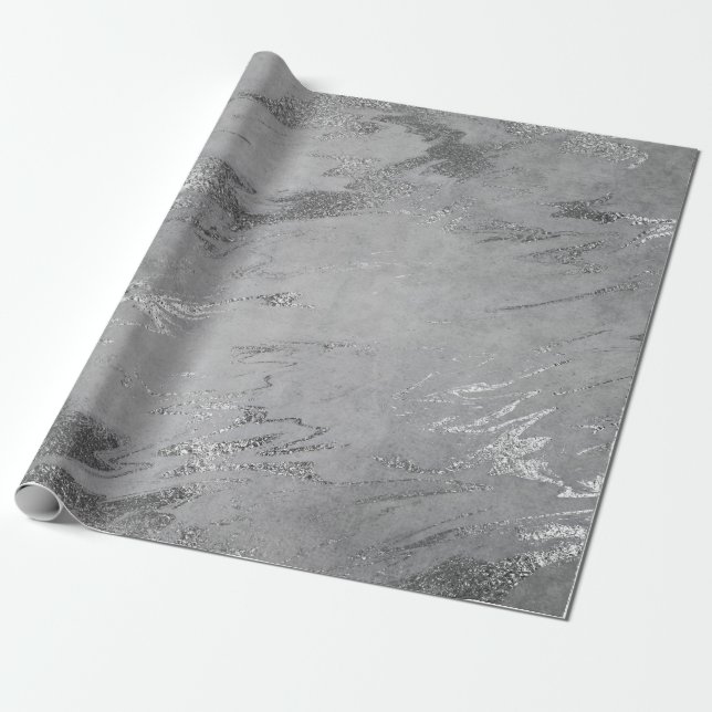 Papel De Presente Cinza Preto Prata Grafite Marble Shiny Glam (Desenrolado)