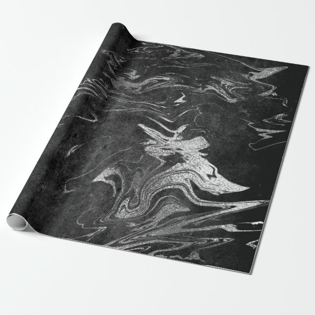 Papel De Presente Cinza Preto Prata Grafite Marble Shiny Glam (Desenrolado)