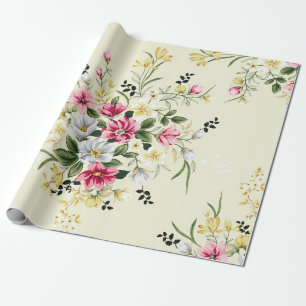 Papel De Presente cinza rosa e flores amarelas bonitinhas com licenç