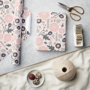 Papel De Presente Cinza rosa Padrão Botânico Preto