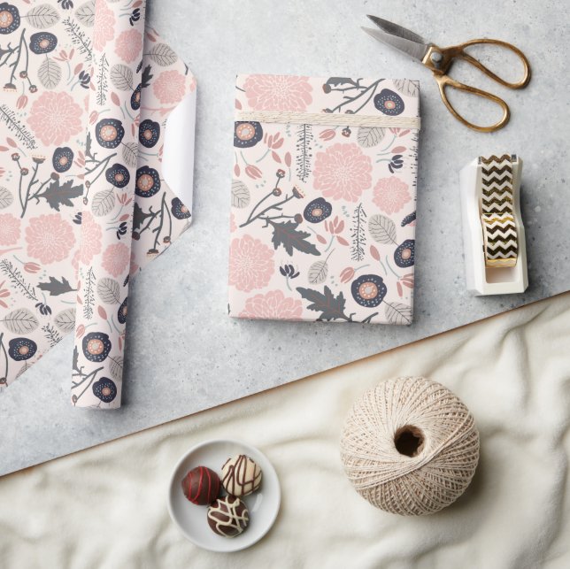 Papel De Presente Cinza rosa Padrão Botânico Preto (Artesanato)