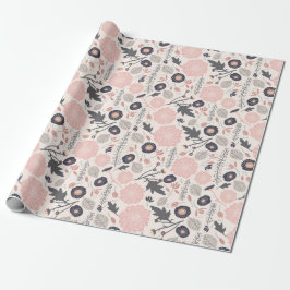 Papel De Presente Cinza rosa Padrão Botânico Preto