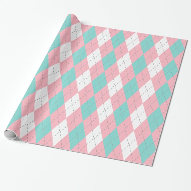 Papel De Presente Cinza Rosa-Rosa-Rosa-Turquesa Wht XL Argyle (Desenrolado)